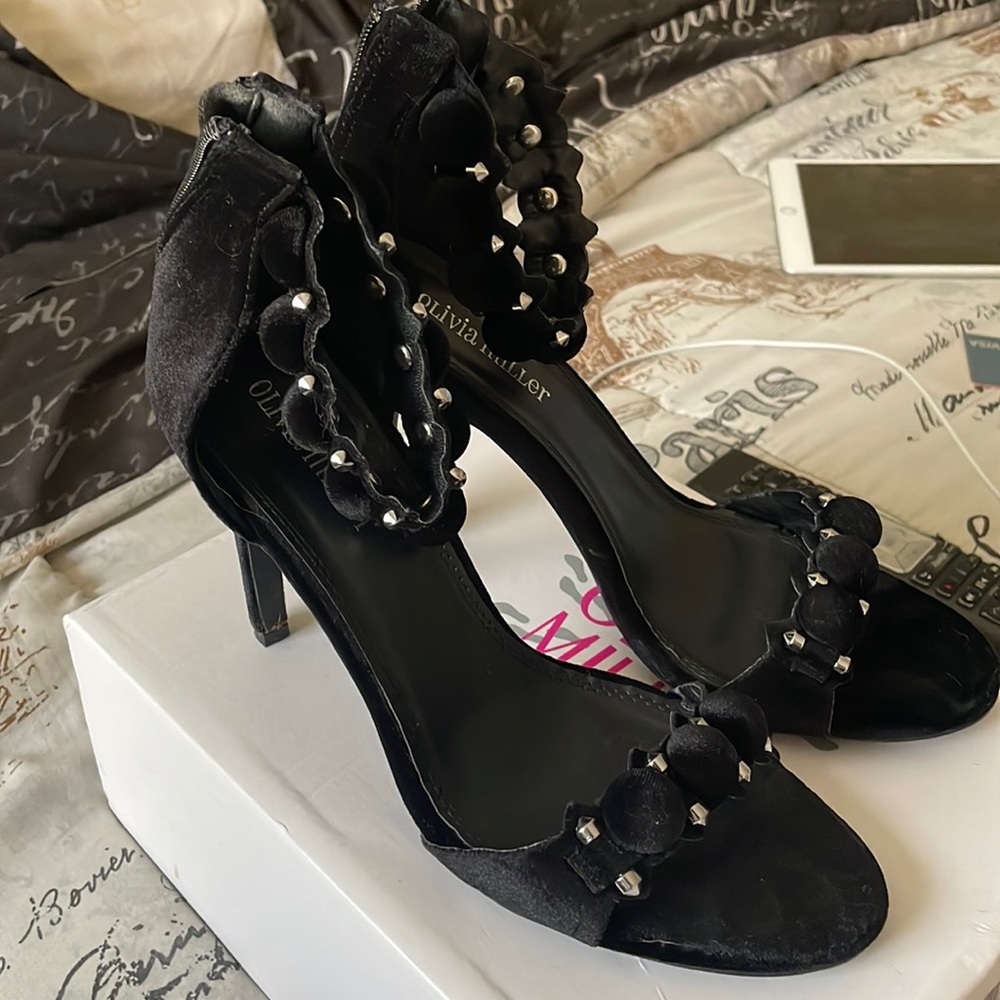 Black velvet with silver accent heels